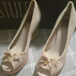 Tory Burch Tan Canvss Peep-Toe Wedge Shoes